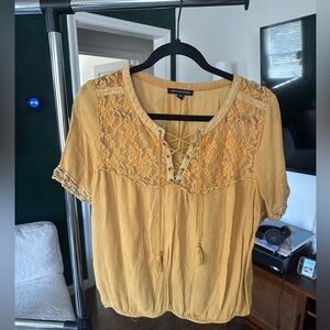 American Eagle - breezy blouse with mesh and tie up front - Mustard